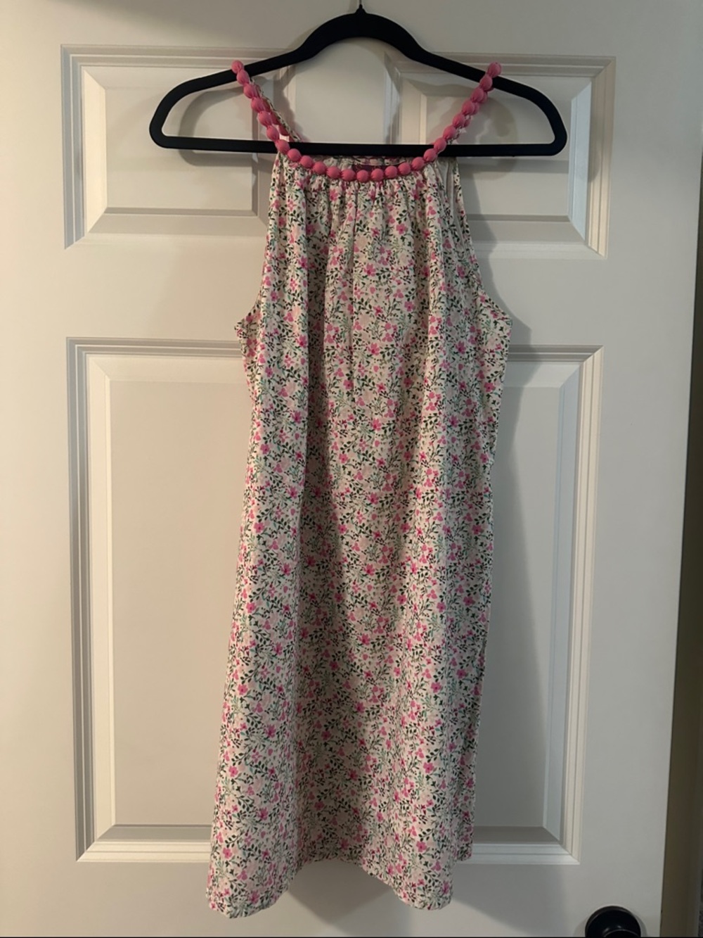 Floral Pom-Trim Summer Sundress in Pink and White